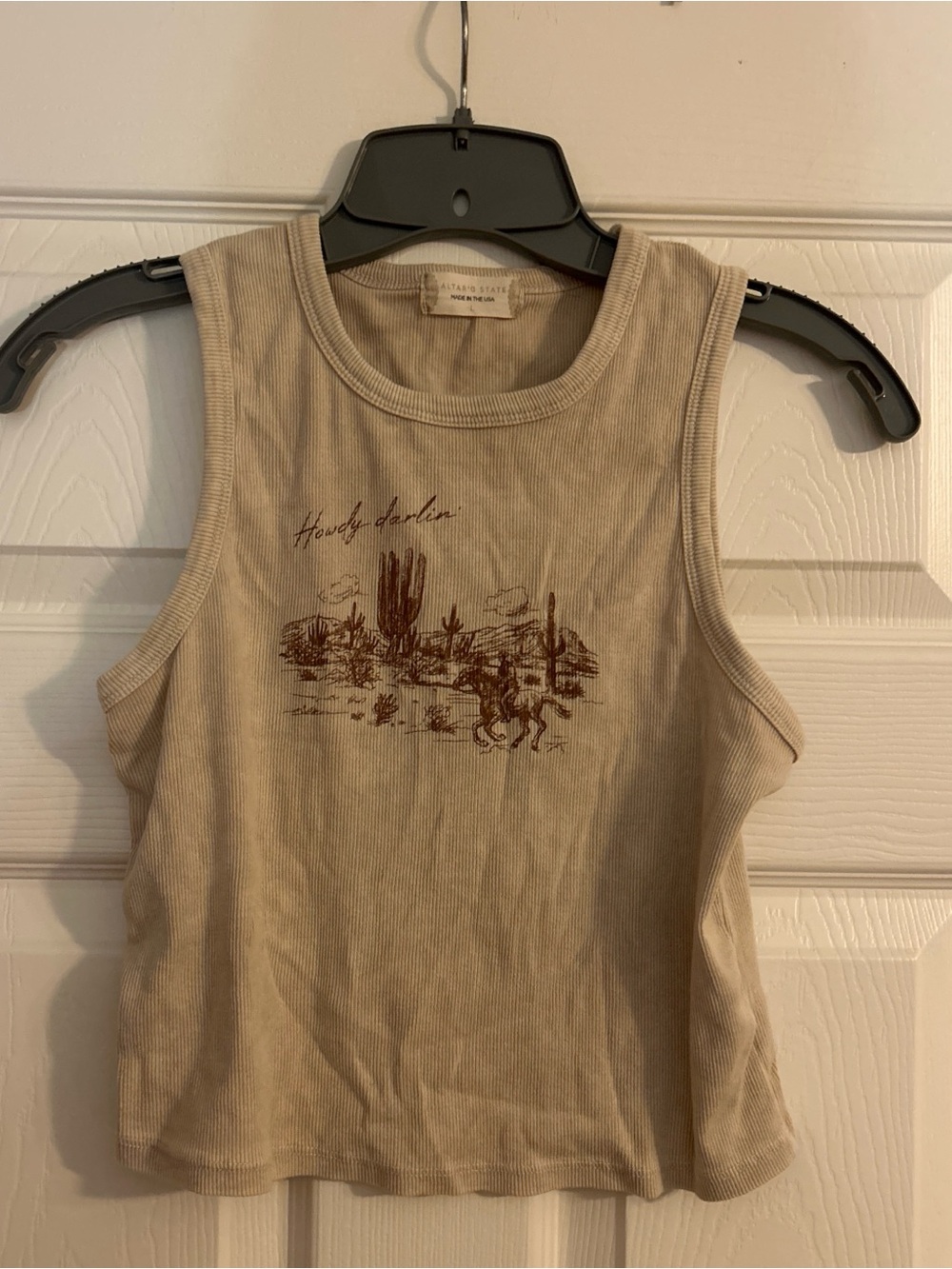 Altar'd State Beige Ribbed Muscle Tee with Brown Western Print